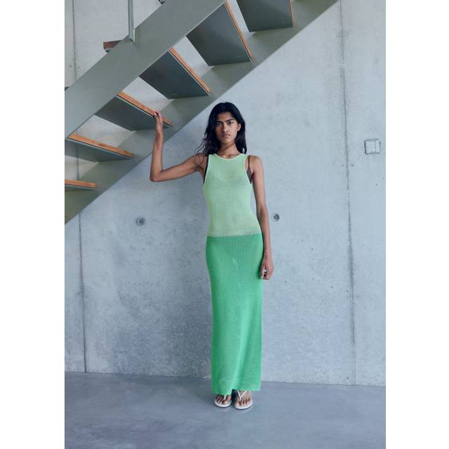Long two-tone crochet dress green - Woman - 12 - MANGO - Green