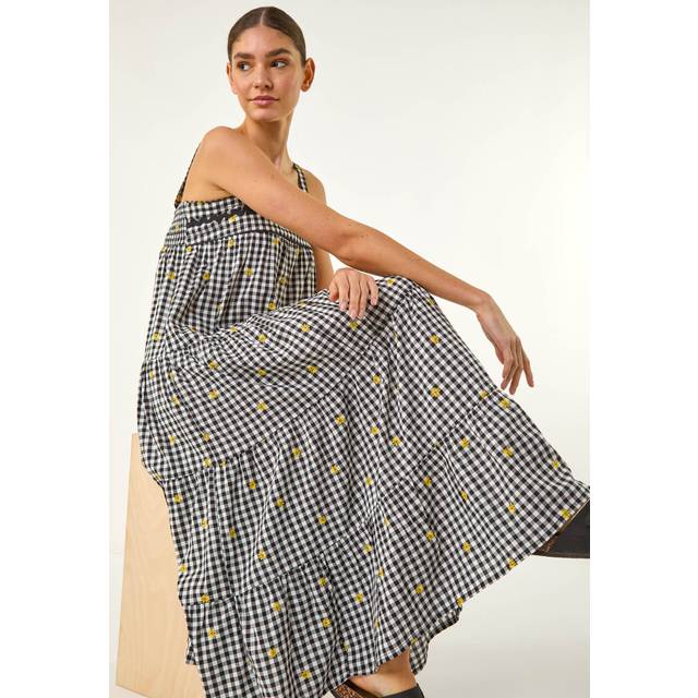 Gingham Embroidered Midi Dress - Black - 14