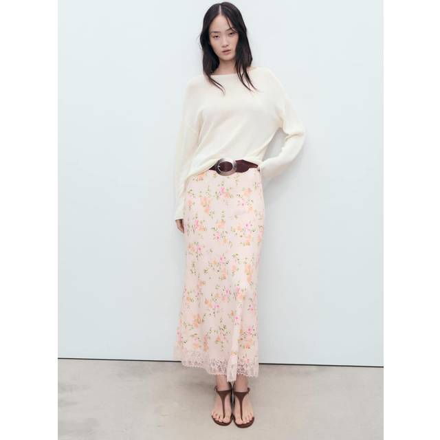 Floral skirt with lace detail pastel pink - Woman - S-M - MANGO - Pastel Pink