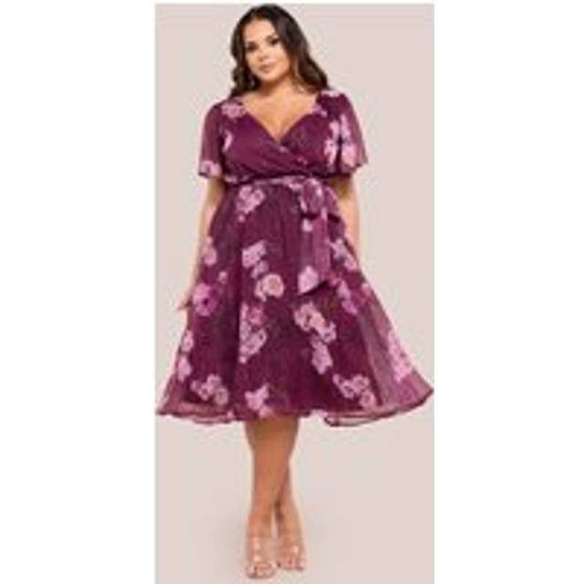 Floral Print Wrap Chiffon Midi Dress - Berry Floral by Goddiva Plus - 18