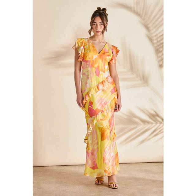 Frill Deep V Fitted Maxi Dress - Yellow - 8