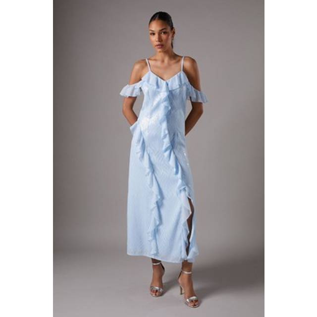 Sequin Frill Midi Wedding Guest Dress - Blue - 10