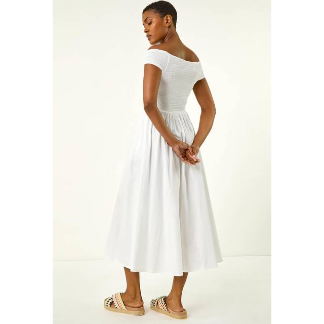Shirred Cotton Midi Dress - White - 20