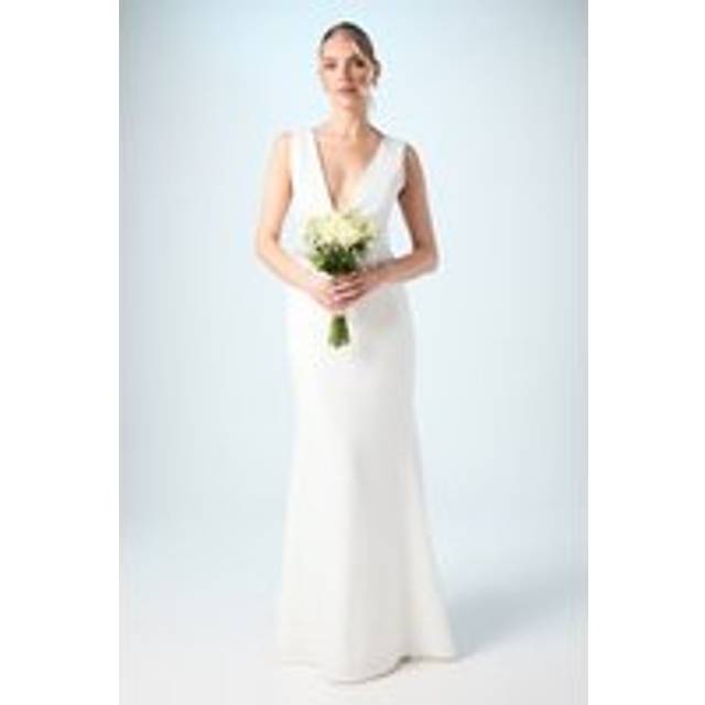Premium Crepe Plunge Neck Fishtail Wedding Dress - Ivory - 14