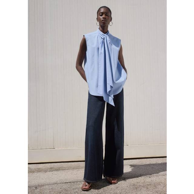 Mango Bruna Cotton Tie Neck Blouse, Medium Blue