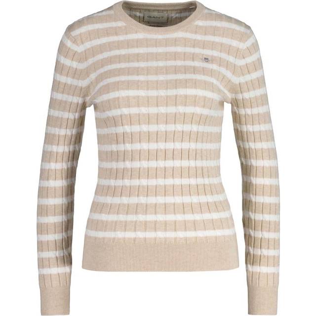 GANT Women Striped Stretch Cotton Cable Knit Crew Neck Sweater (L)