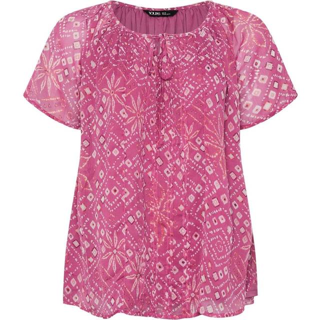 Yours Curve Pink Geometric Floral Tie Neck Pintuck Blouse, Women's Curve & Plus Size, Yours - 20