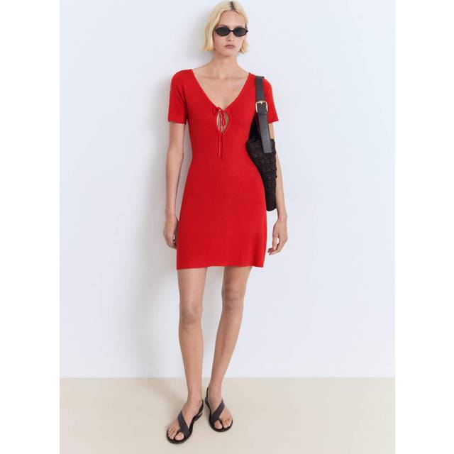 Knitted dress with bow neckline red - Woman - 12 - MANGO - Red