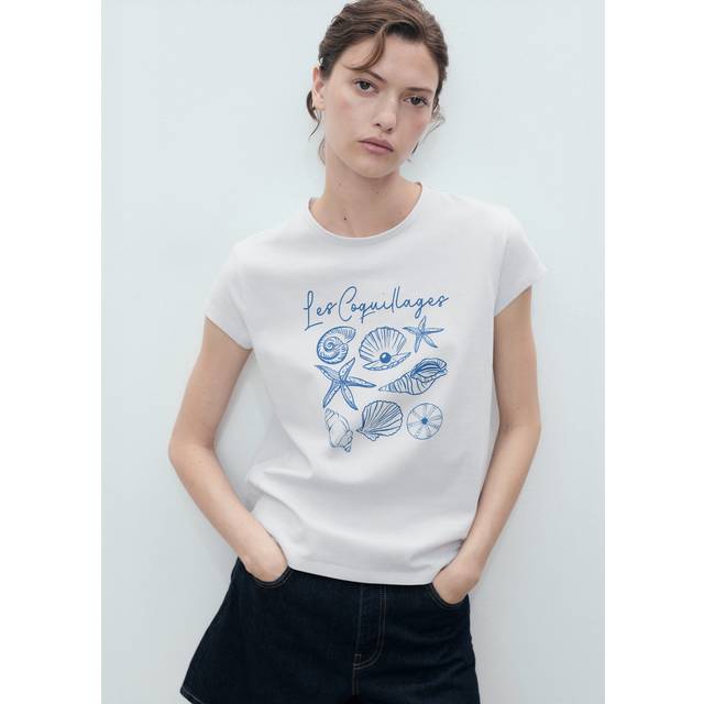 Printed cotton-blend t-shirt blue - Woman - M - MANGO - Blue
