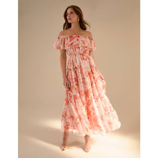 Blue Vanilla Pink Luxe Off The Shoulder Frill Maxi Dress - m
