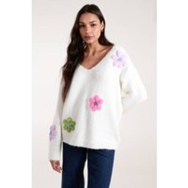 Blue Vanilla Ivory Flower Knit Embroidery V Neck Jumper - s/m