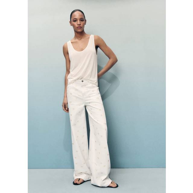 Flower-embroidered wide leg jeans off white - Woman - 10 - MANGO - Off White