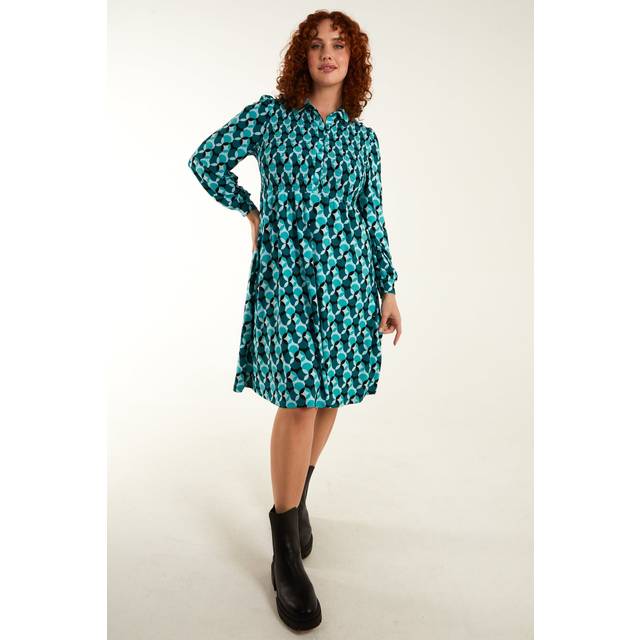 Womens Curve Shirred Bust Long Sleeve Shirt Dress - Green - 20