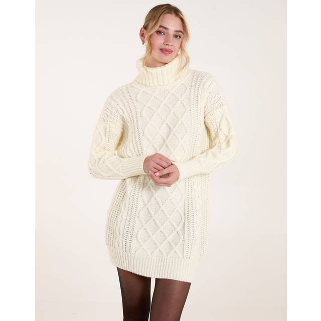 Cable Knit Roll Neck Jumper Dress - S/M / CREAM