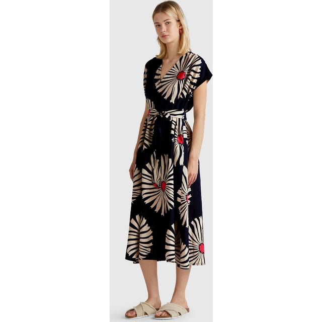 Benetton Floral V-Neck Flared Short Sleeve Linen Midi Dress