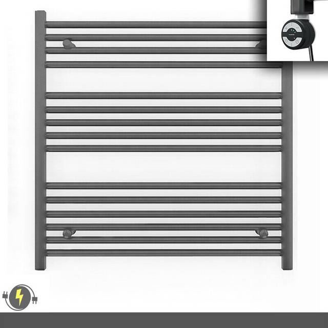 (800x800 (BTU: 1788), With MOA Thermostatic Element) 800mm Wide Anthracite Grey Electric Towel Rail With Thermostatic Element