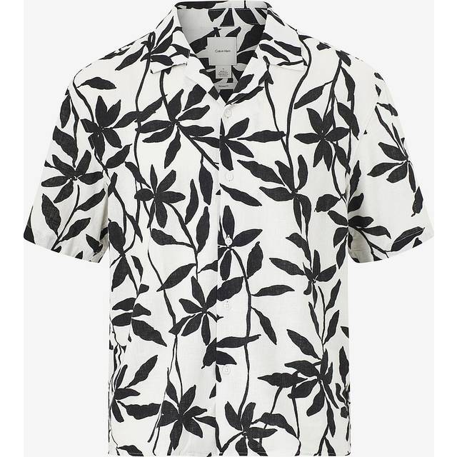 Calvin Klein Revere Collar Printed Linen Short Sleeve Shirt - White, White, Size S, Men