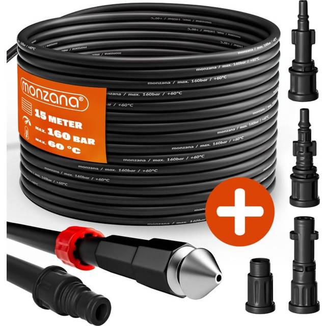 DEUBA® Drain Pipe Cleaning Hose 15 m Flexible Jetter Tube Cleaner Unblocker Kit Pressure Washer Hose Set 5 Retrofit Adapters Wiggly Nozzle 160 Bar