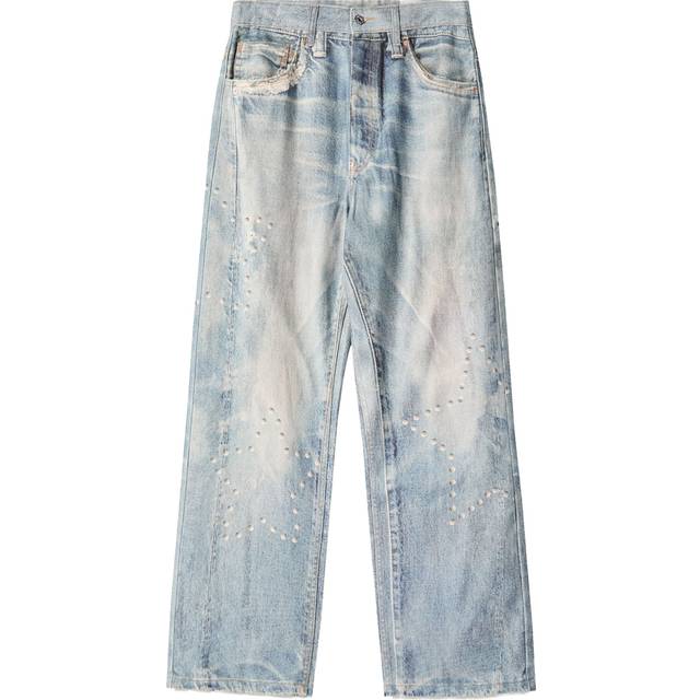 Bershka – Mellanblå, mönstrade jeans i baggy-stil