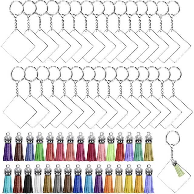 120 Pcs Square Acrylic Keychain Blanks Tassels Set Including Silver