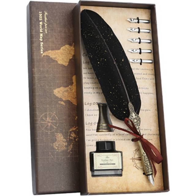 Pen and Ink Set Vintage Quill Dip Writing Nibs Kit Calligraphy Gifts for Beginners (Black)