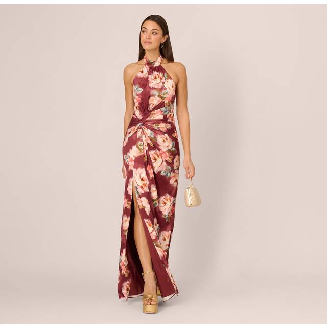 Floral Satin Twist Waist Halter Gown In Brown Multi - 2