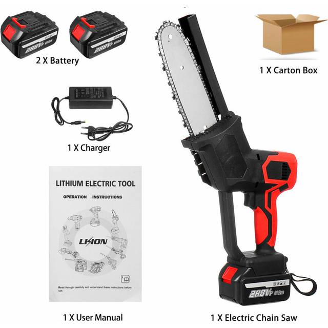 (Black & 2 Batteries) 8 Inch Cordless Electric Chain Saw Brushless Motor Power Tools Chainsaw
