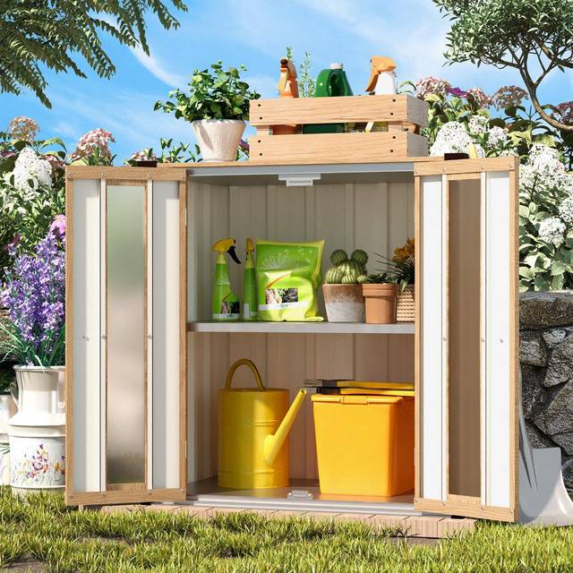Garden Storage Box Shed Small, Metal Cabinet Cupboard - Brown (77cm W X 45.9cm D X 79cm H)