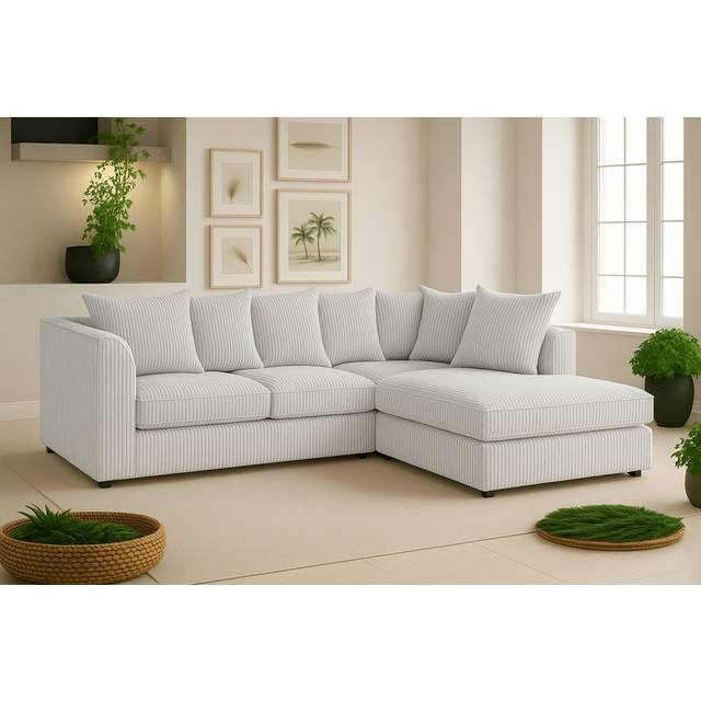 Jumbo Cord Right-Hand Corner Sofa L Shaped Sectional With Plush Small Back Cushions - Silver (90cm H X 212cm W X 167cm D)