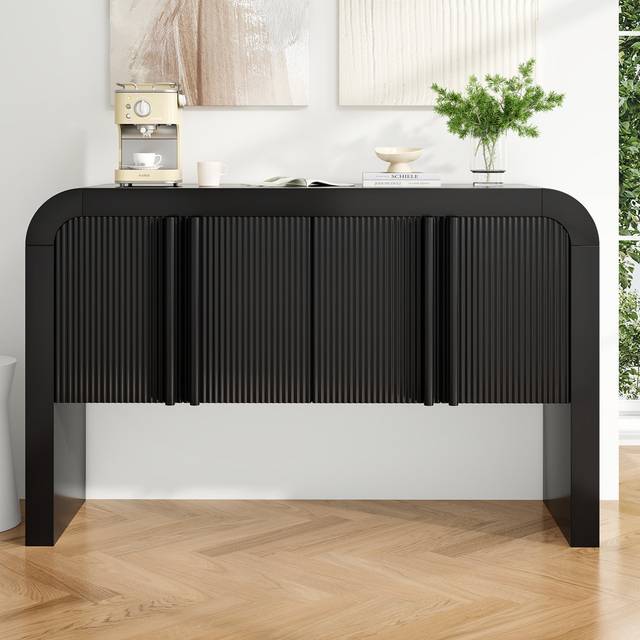 120 Cm Wide Sideboard With Rounded Corners And 4 Bmagnetic Doors - Black (75cm H X 140cm W X 40cm D)