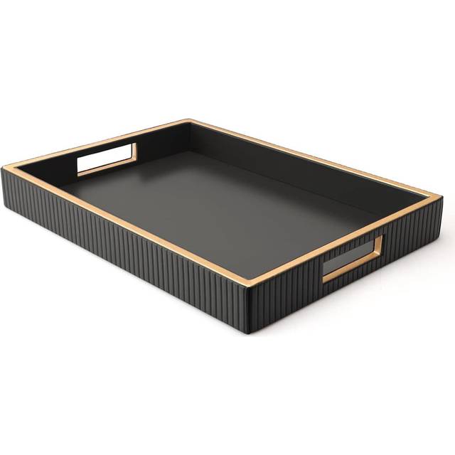 Black Leather Desktop Organizer - Premium Serving/Decorative Valet Tray for Cosmetics, Phone, Wallet & Sundries (38cm W X 28cm D X 5cm H)