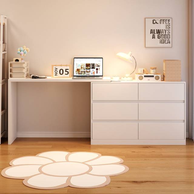 6 Drawer Double Dresser With Makeup Vanity Desk, Deformable Wood Dresser Chest With Multifunctional Tabletop, Storage Chest Of Drawers For Bedroom, Wh - White (80cm H X 130cm W X 40cm D)