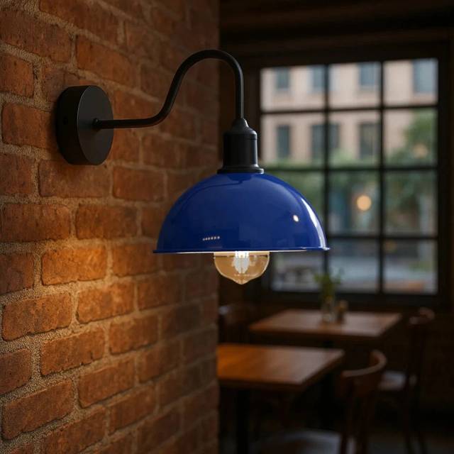 Modern Industrial Vintage Dome Wall Sconce – Fixed Curved Arm Metal Light for Bedroom, Hallway, Living Room, and Office. - Blue
