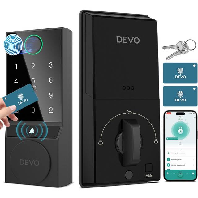 DEVO G2 Bluetooth Smart Door Lock with Fingerprint  6-in-1 Keyless Entry Door Lock with Doorbell  Passcode  Auto-Lock  Easy Install Smart Deadbolt  No