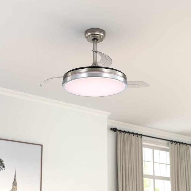 Indoor Round Ceiling Fan Light with Retracted Blades - Nickel