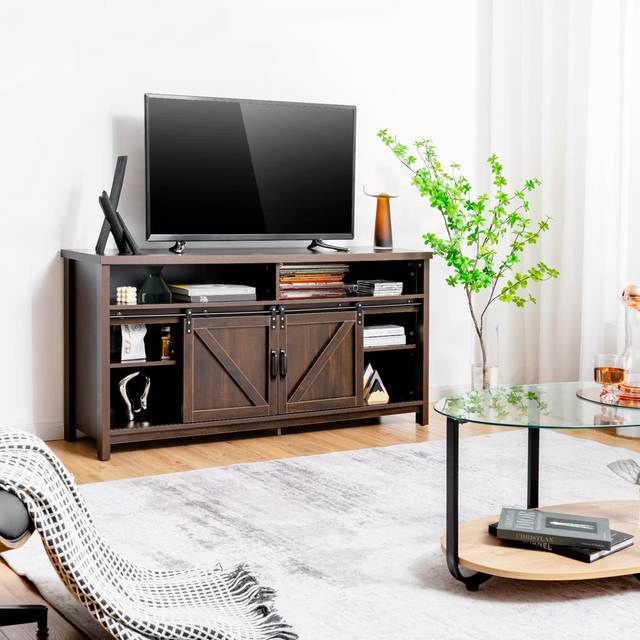 150Cm Sliding Barn Door TV Stand Farmhouse Flat Screen Console-Brown (65&#34;)