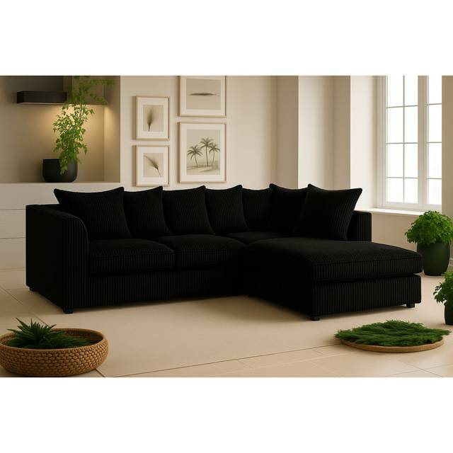 Jumbo Cord Right-Hand Corner Sofa L Shaped Sectional With Plush Small Back Cushions - Black (90cm H X 212cm W X 167cm D)