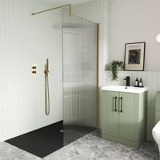 Hudson Reed 80cm Fluted Wetroom Screen w/Support Bar - Brass