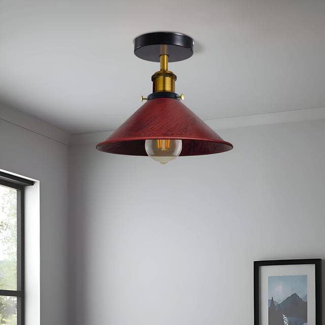 Modern Industrial Semi-Flush Mount Ceiling Light – E27 Base – Vintage Farmhouse Style Fixture For Indoor Use. - Rustic Red