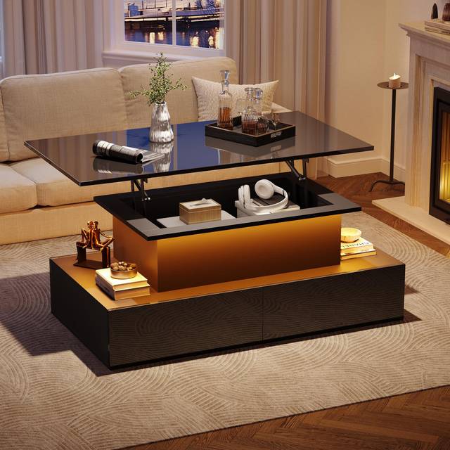 Lift Top Coffee Table With 4 Drawers And Led White - Black