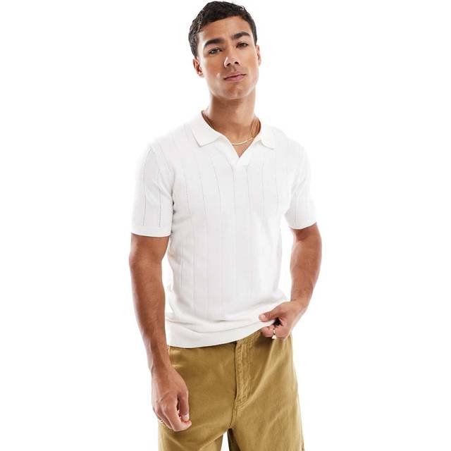 New Look Men's Off White Regular Wide Pointelle Collared Top - M