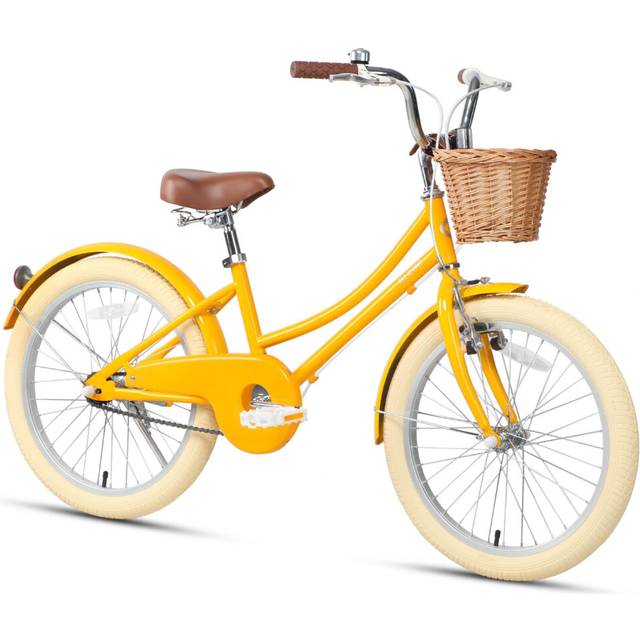 Glerc 20 Inch Kids Girls Bike for 6 7 8 9 10 Years Old Little Girls Retro Vintage Style Bicycles with Basket,Stabilisers and Bell,Yellow