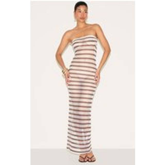 Taupe Textured Stripe Bandeau Maxi Dress, Brown - 6
