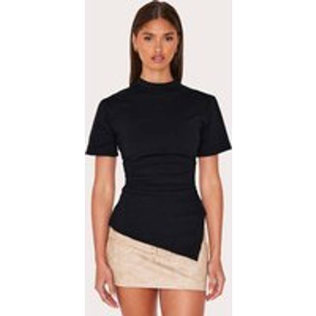 Black Cotton Ruched Side Asymmetric Hem T-shirt, Black - 10