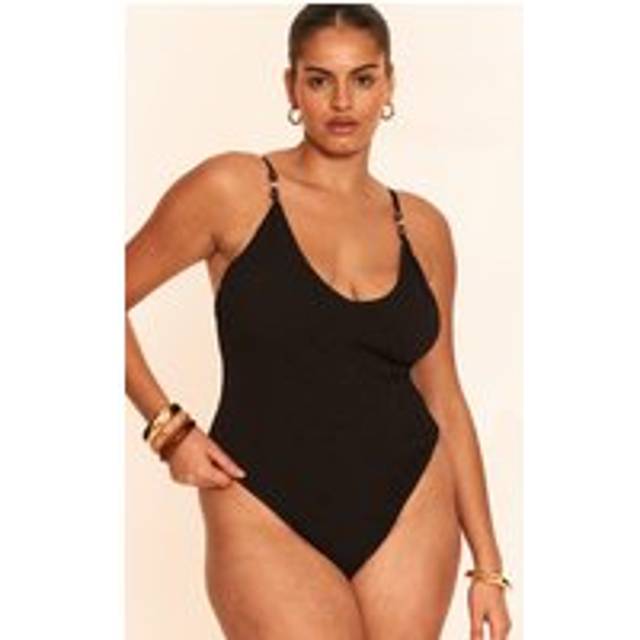 Plus Black Textured Bead Trim Plunge Swimsuit, Black - 24