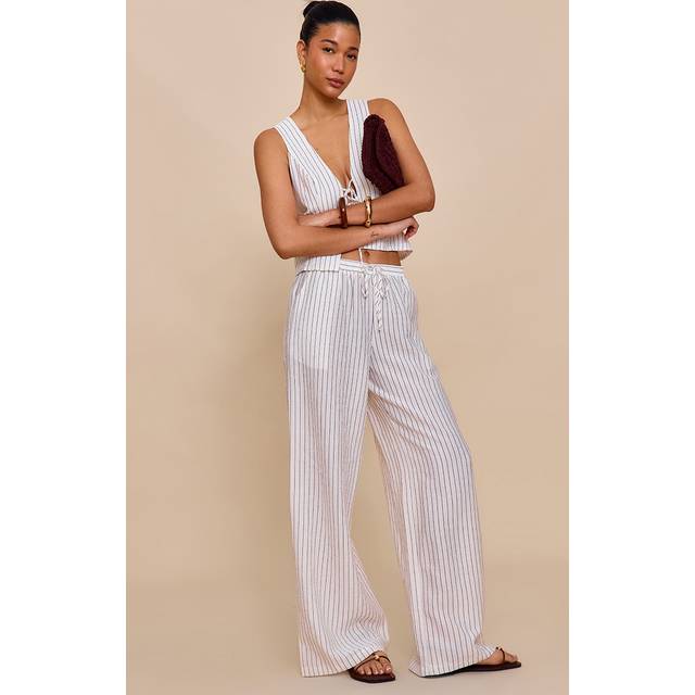 Cream Pinstriped Drawstring Wide Leg Trousers, White - 16