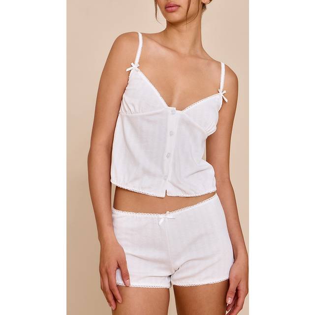 White Pointelle Bow Detail Cami Short Pj Set, White