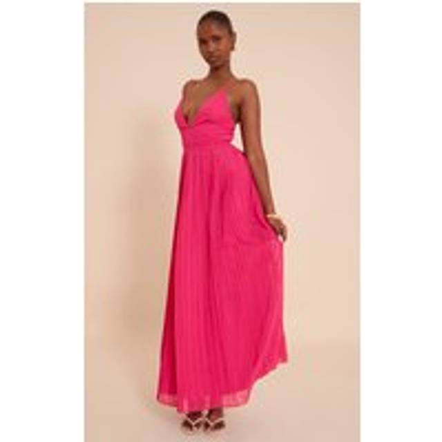 Fuschia Chiffon Strappy Pleated Belt Detail Maxi Dress, Fuschia - 14