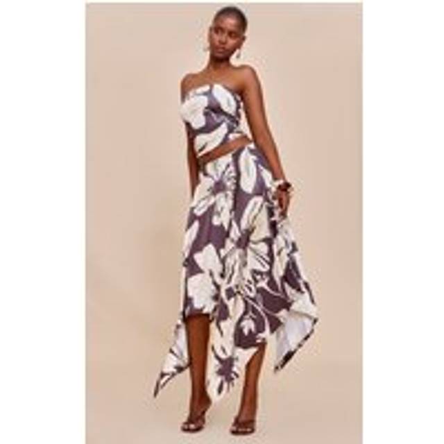 Brown Floral Print Slinky Asymmetrical Hem Maxi Skirt, Brown - 6