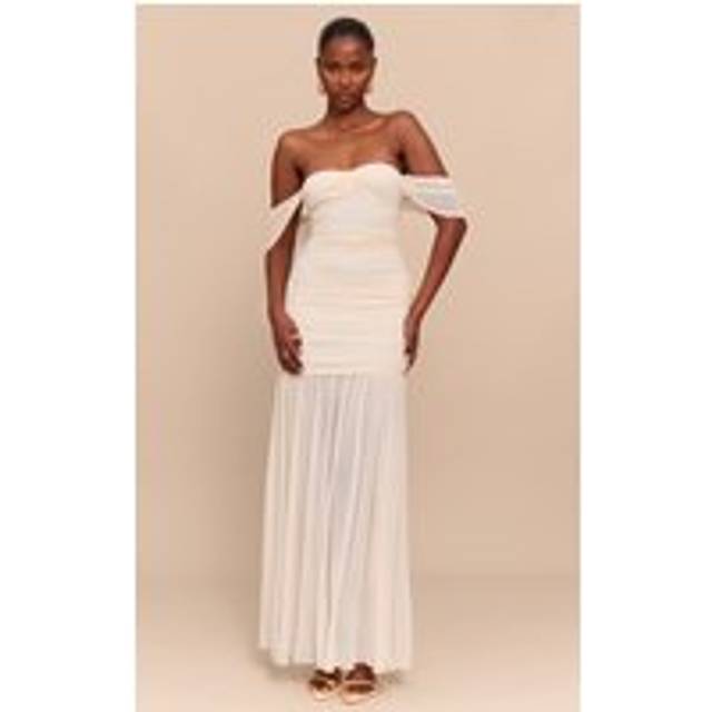 Cream Mesh Bardot Ruched Detail Maxi Dress, White - 16